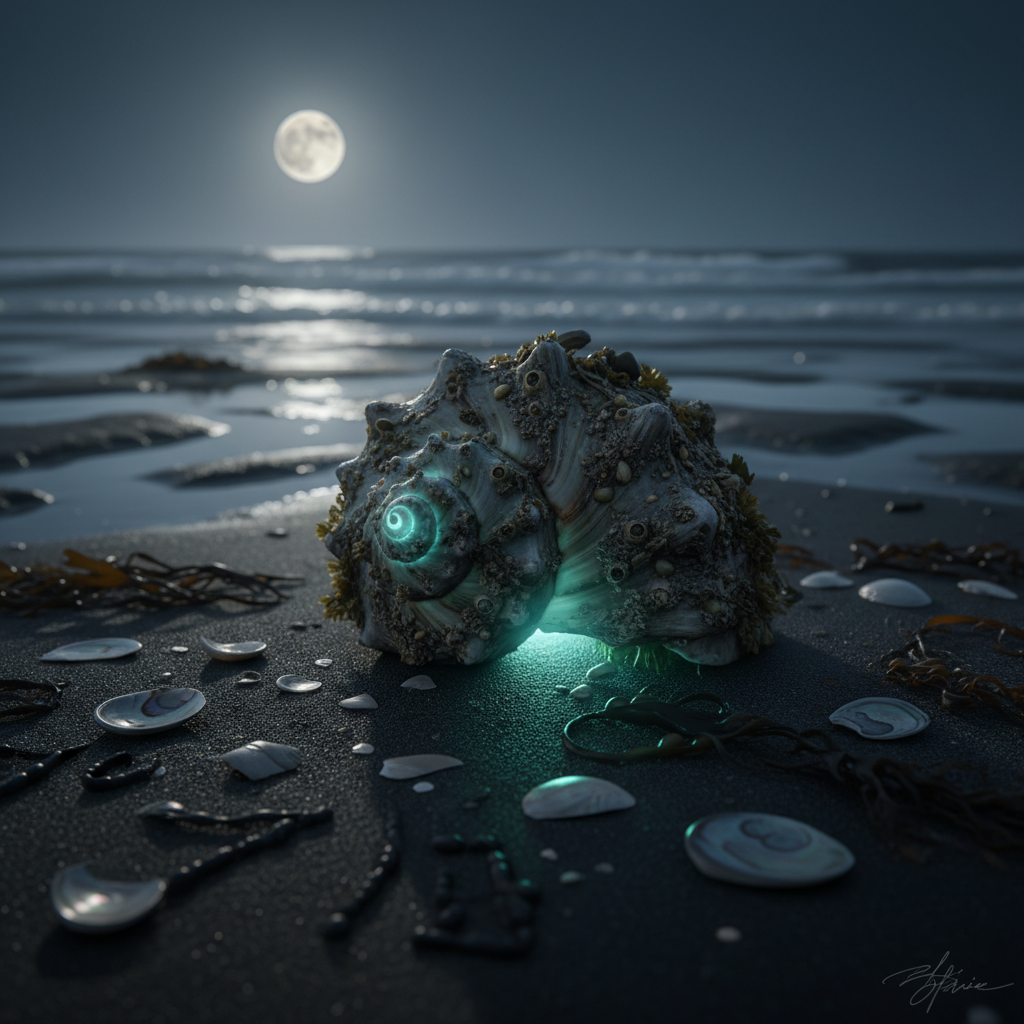 An ancient, barnacle-encrusted conch shell resting on wet black sand at low tide, its spiral opening glowing faintly with an otherworldly teal luminescence from within. Around it, the beach is strewn with broken, iridescent shells and strands of inky seaweed that form accidental, rune-like patterns. The moon, full and pale, hangs low over a restless steel-blue sea, its reflection fragmented in shallow tidal pools. Soft, moody nocturnal lighting with subtle backlighting from the moon creates long, eerie shadows and gentle highlights along the conch’s ridges. Photographic realism, shot from a low, close-up perspective with shallow depth of field, letting the distant waves blur into a soft bokeh. The atmosphere is enchanted yet unsettling, suggesting a cursed instrument of song abandoned on the shore.