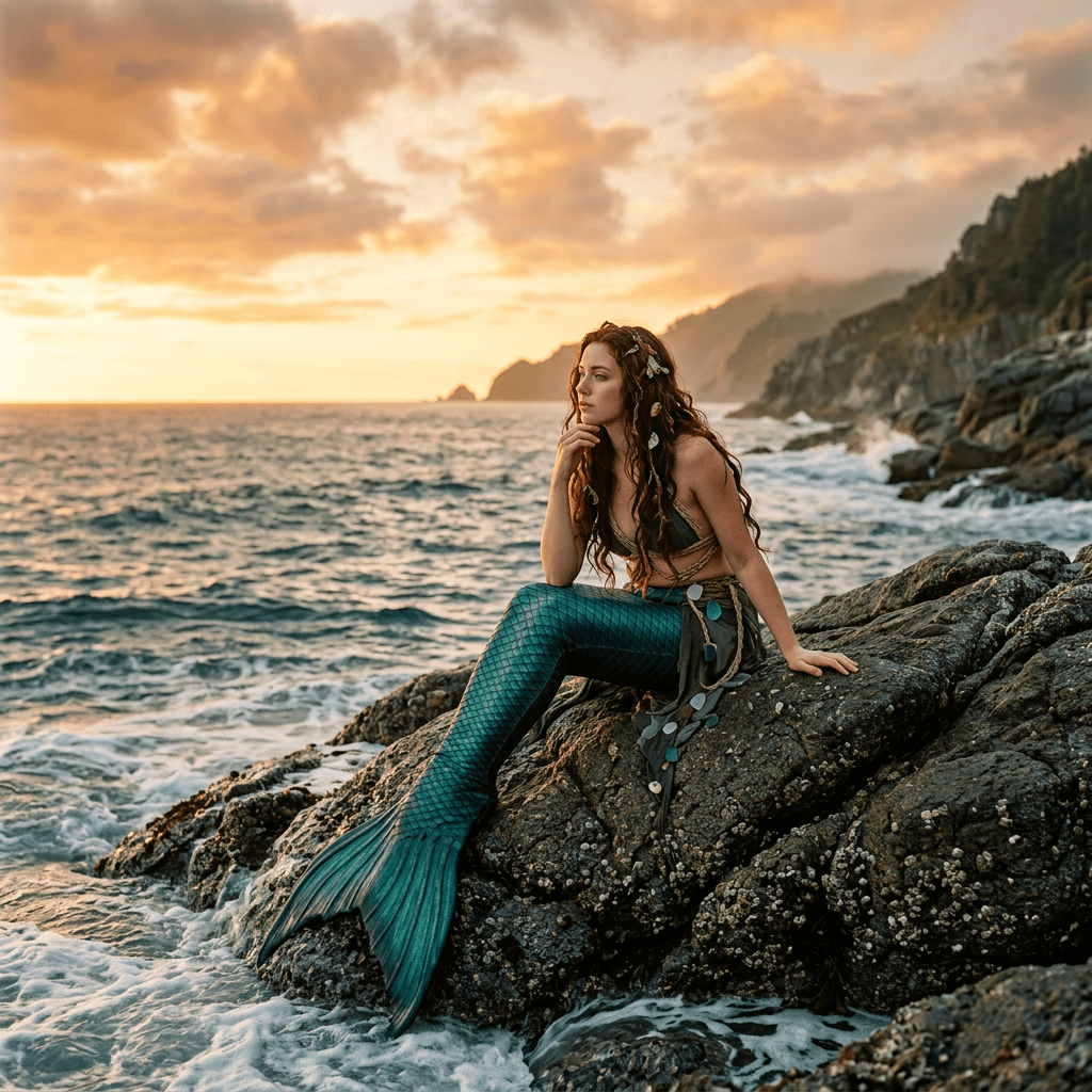 Mermaid with green tail sitting on rocky coastline by ocean at sunset